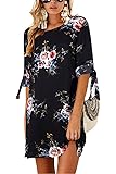 VNOOK Women's Dresses Summer Floral Print Bohemian Roll up Sleeve Casual Shirt Dress
