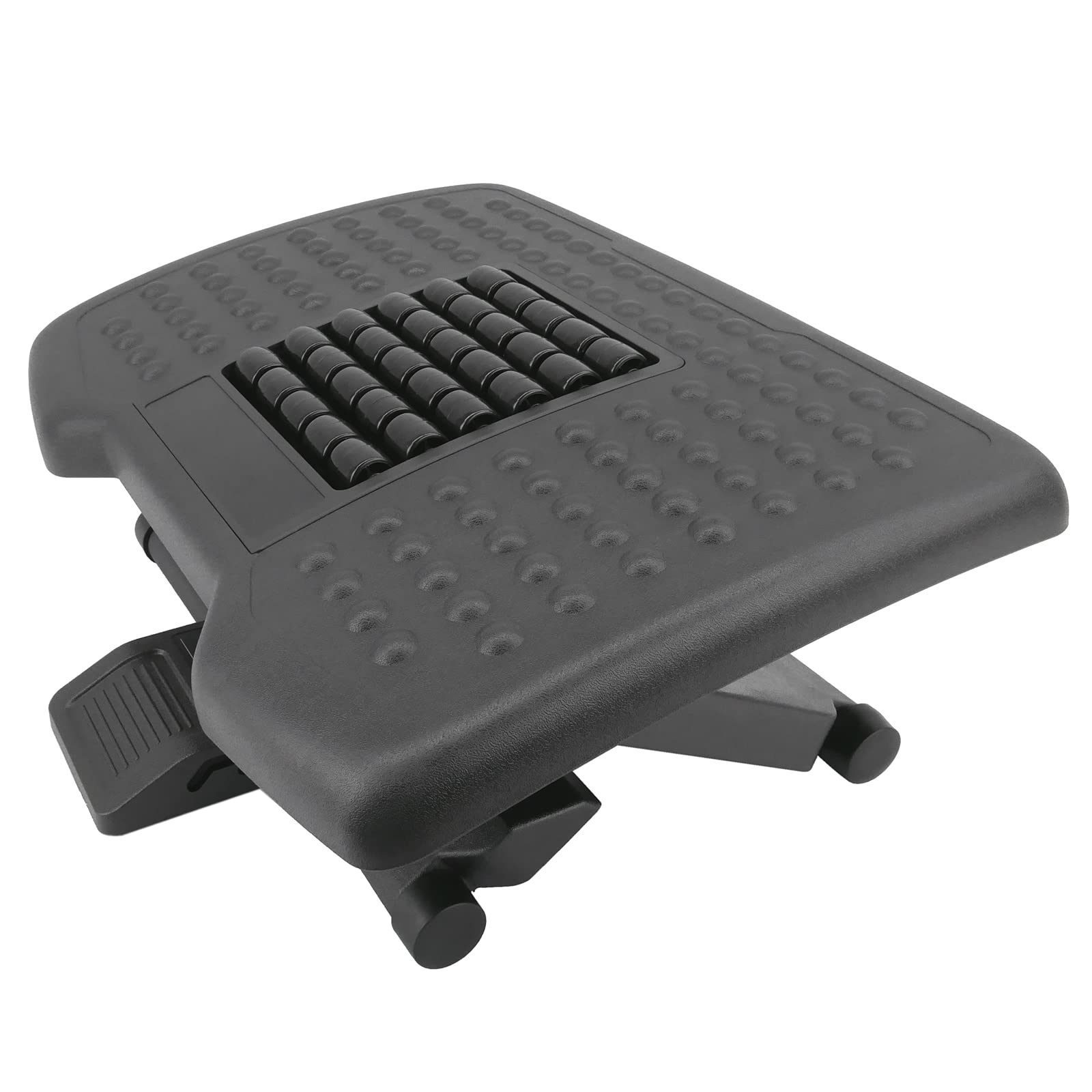 PrimeMatik - Footrest with adjustable platform in black plastic with massage effect 455 x 330 mm 3 levels