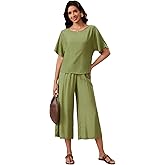 OYOANGLE Women's 2 Pieces Outfits Crew Neck Blouse and Wide Leg Pants Sets Solid Casual Lounge Sets