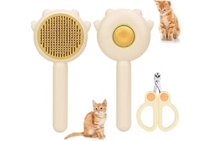 APETPUP Cat Hair Cleaner Brush, Cat Brushes for Indoor Cats, Self Cleaning Cat Brush with Release Button, Pet Hair Brush for Cats with Circular Cut Hole Cat Nail Clippers (Yellow)