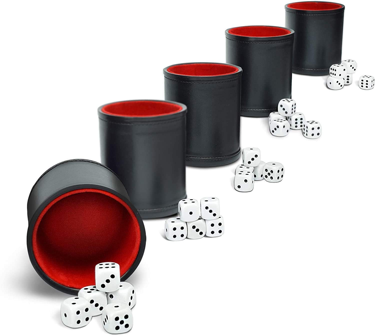 Grinning Gargoyle Professional Dice Cup Set – Five Red Felt Lined Black Shaker Cup - Quality PU Leather - Includes 25 White Six-Sided Dot Dice - Quiet Dice Shaker for Perudo Peruvian Dice Game