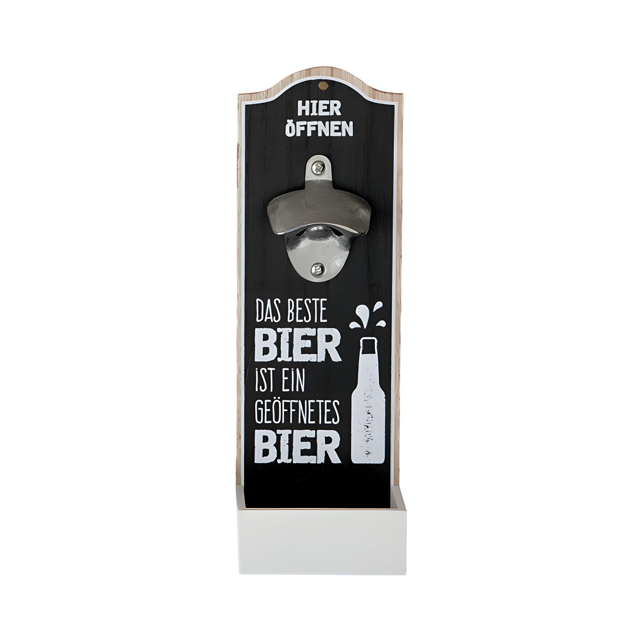 GILDE Wall Bottle Opener Metal Opener Crown Cap Collector The Best Beer is an Open Beer, Height 30 cm, Black/White, Wood