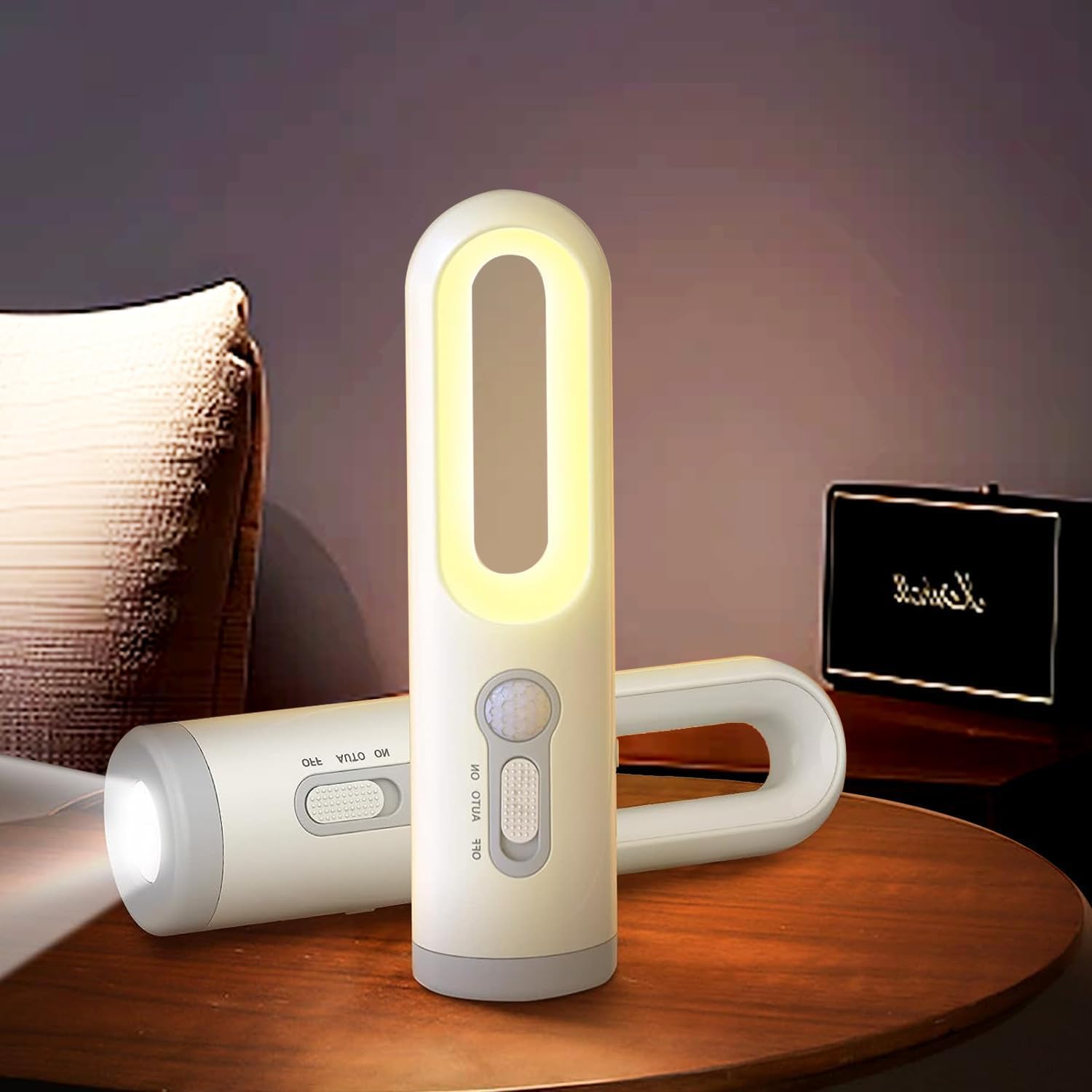 YZYOE Rechargeable 2-in-1 Portable Warm Light Motion Sensor Bedside Lamp and LED White Light Flashlight, Suitable for Outdoor Camping Children to Read and More.