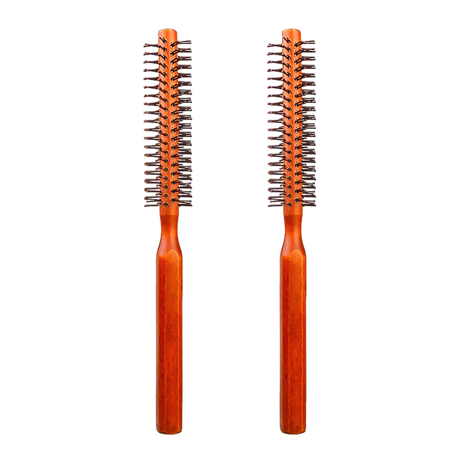 2 Pieces Wooden Handle Round Comb & Brush for Blow Drying, Small Hair Brush, Women's Hair Comb, Brown