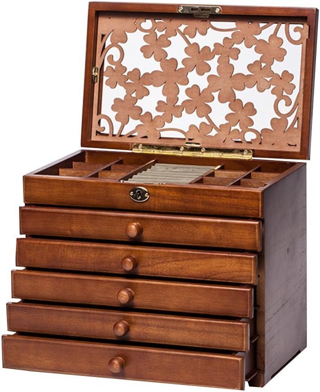 Legoyo 7198B Clover Carved 6 Layer Wooden/Real Wood Jewelry Box and Lock Archaize
