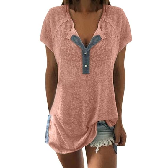 TITIU Damen Lose Patchwork Casual Knopf Kurzarm Bluse Oberteil Tees T-Shirt Tops