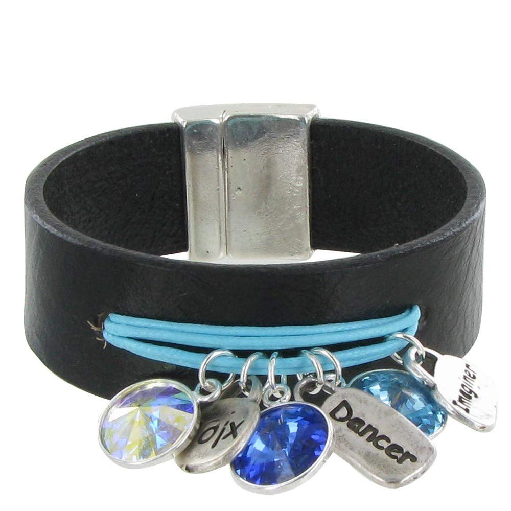 LES POULETTES BIJOUX - Bracelet Black Leather Multi Crystal Charms and Cotton - Classics - Blue Navy