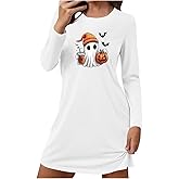 Halloween Dress for Women Long Sleeve Round Neck Holiday Graphic Tee Spooky Season Casual Fall Loose Fit Dresses