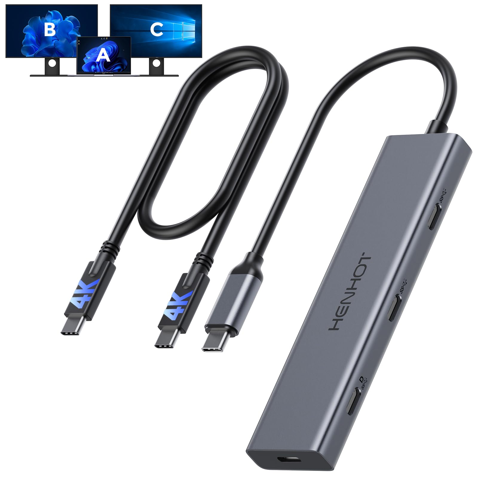 Photo 1 of USB C Video Splitter Dual Monitor, 4-Port Docking Station with USBC 3.2 Gen 2 10Gbps, Supports USB-C PD Monitor, Portable Screen, Video Output 4K@30-60Hz,100W PD, for Win/Chrome Laptop, AR Glasses