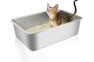 PWTAA Stainless Steel Cat Litter Box High Side Cats Toilet Metal Kitten Litter Pan, Pet Cleaning Tool for Cats, Splash-Proof & Non-Stick Cat Poop Box odorless, with Cool Stickers 23.6"x15.7"x7.9"