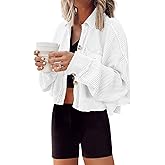 Panadila Women's Cropped Waffle Knit Shacket Short Button Down Jacket Batwing Sleeve Shirts with Pocket