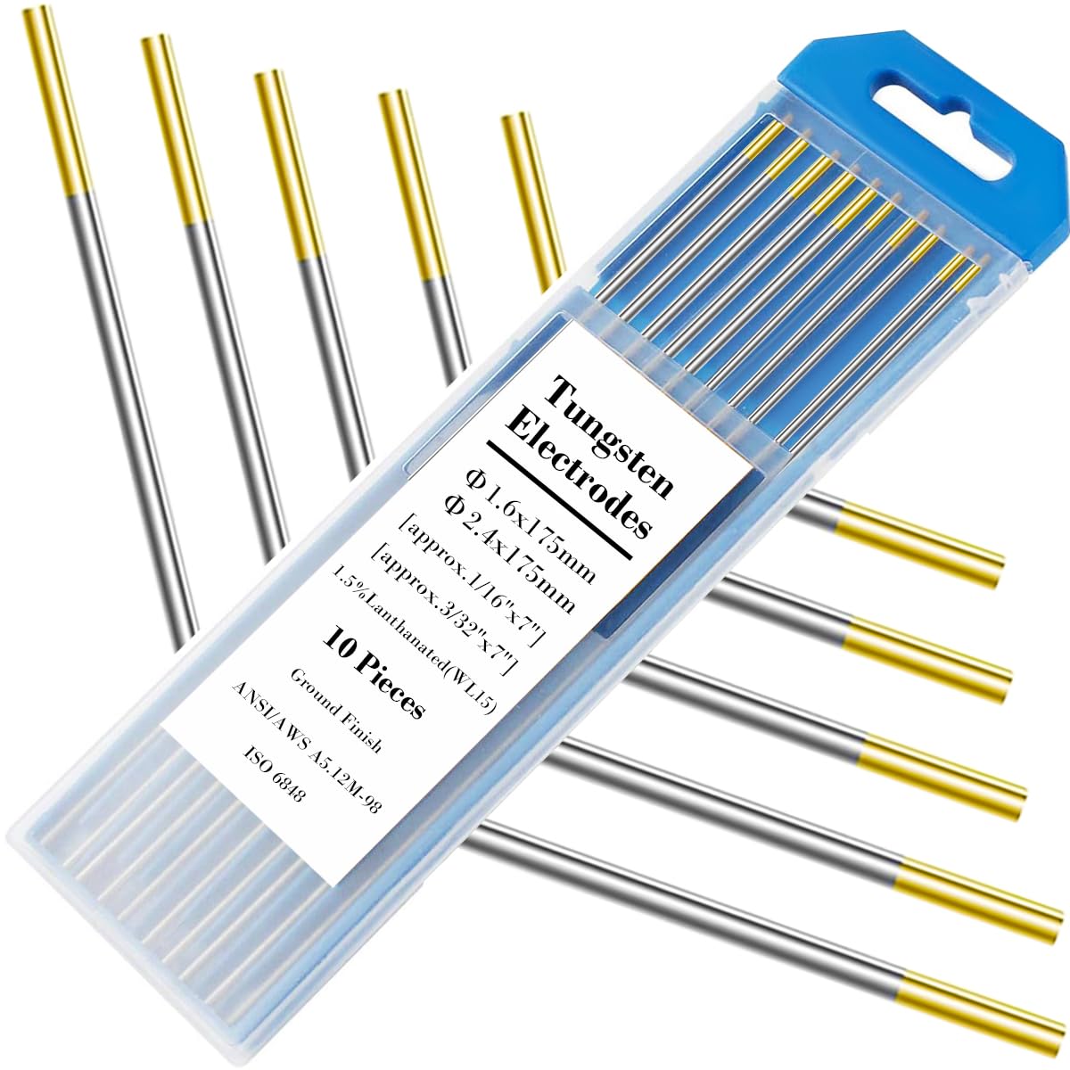 EATBALE TIG Welding Tungsten Electrodes 1.5% Lanthanated 1/16” x 7” & 3/32” x 7” WL15 Tig Tungsten 10Pcs (Gold, WL15) Ground Finish Arc Starts Easier and More Stable, for TIG welding accessories
