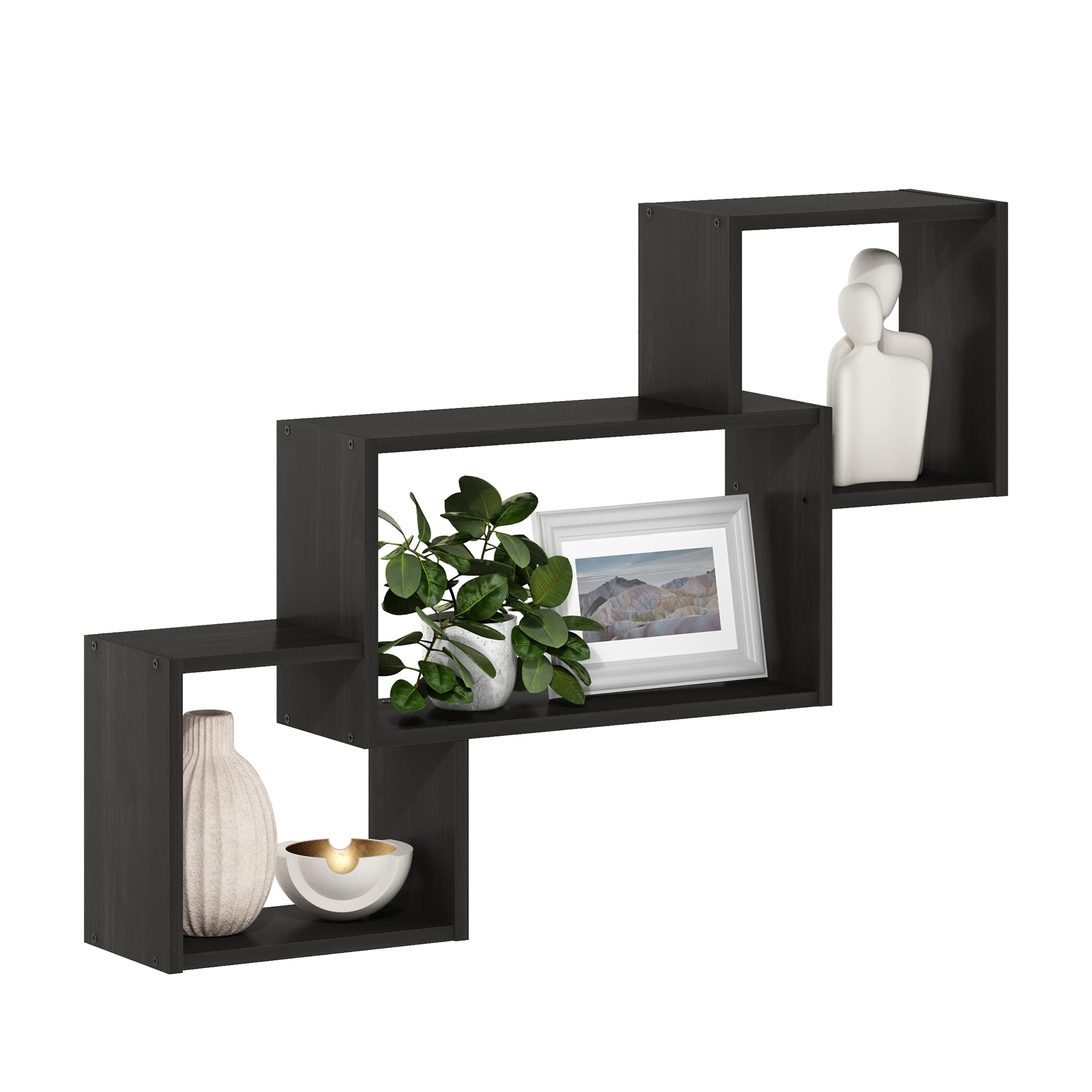 Furinno ROSSI Floating Shelves for Wall Set of 3, Interweave Cube Wall Shelf, Floating Shelf, Wall Mounted Shelves, for Bathroom, Bedroom, Living Room, Espresso