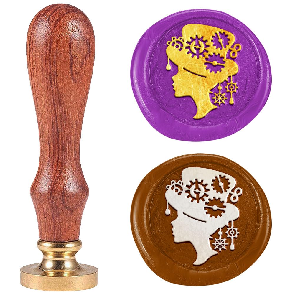 DELORIGIN Steampunk Woman Side Face Wax Seal Stamp 1" Removable Brass Seal Head with Wooden Handle Vintage Embossed Envelope Punk Sealing Wax Stamp for Invitations Card Festival Gift Packag Decor