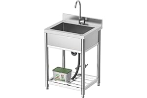 KINGBO Stainless Steel Commercial Kitchen Sink, Free Standing, Single Bowl Sink Basin with Cold & Hot Water Faucet, Indoor and Outdoor Sink, 21.7 in