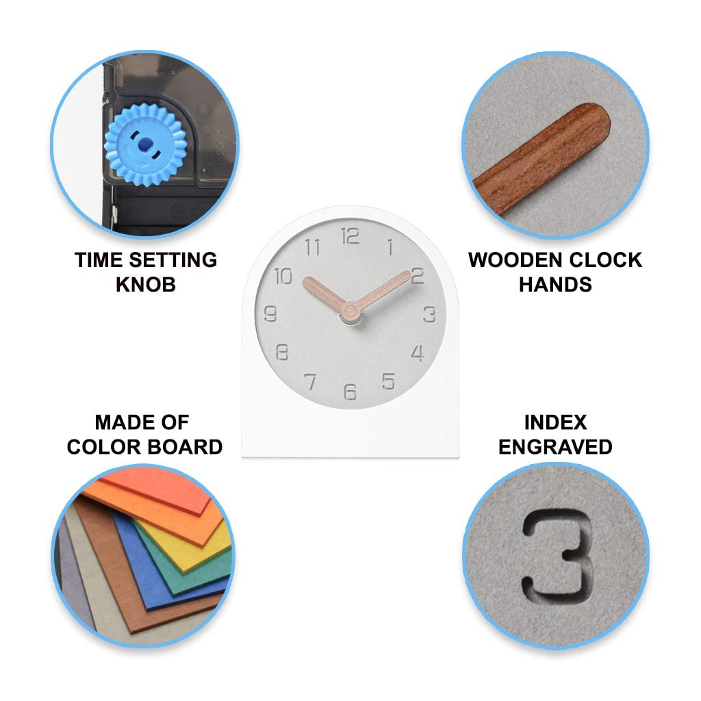 Wooden Silent Non-Ticking Battery Operated Decorative Small Mini Analog Modern Shelf Desk Table Mantel Clock for Home, Office, Living Room, Bed Room (White)