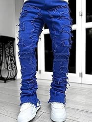 Kodaruber Mens Stacked Jeans Slim Fit Ripped Skinny