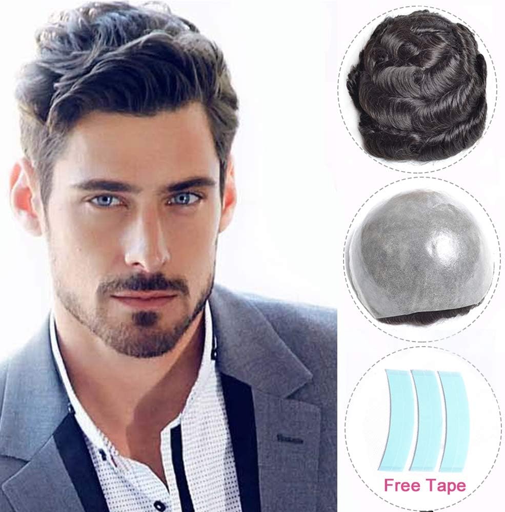 Thin Skin Toupee for Men European Virgin Human Hairpiece,10"X8" Slight Wave Hair Pieces Men's Toupee #1B Natural Black