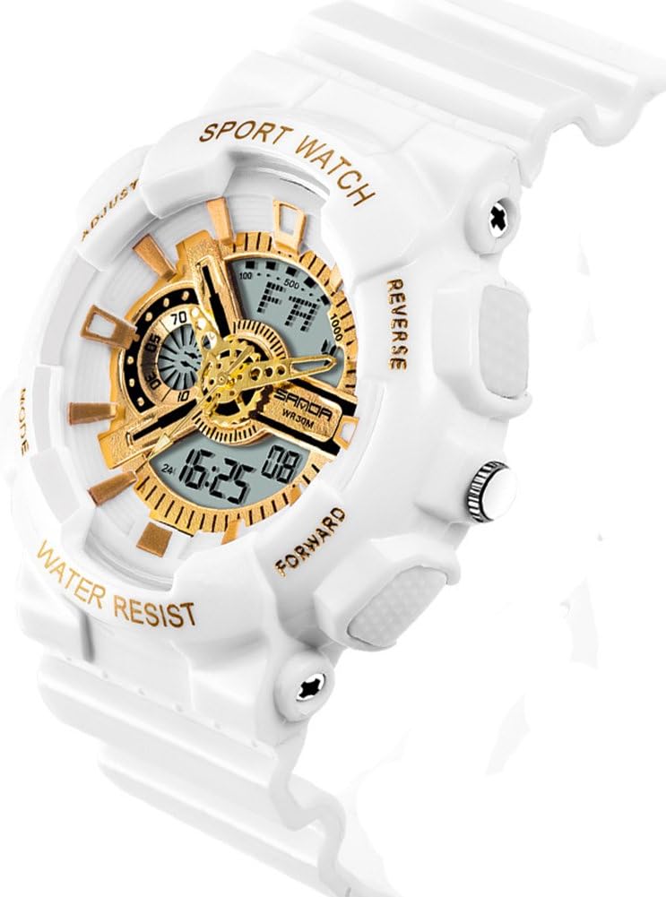 Boys Watch 7-10 Kids Digital Analog Quartz Electronic Alarm Stopwatch Waterproof Watches White+Gold