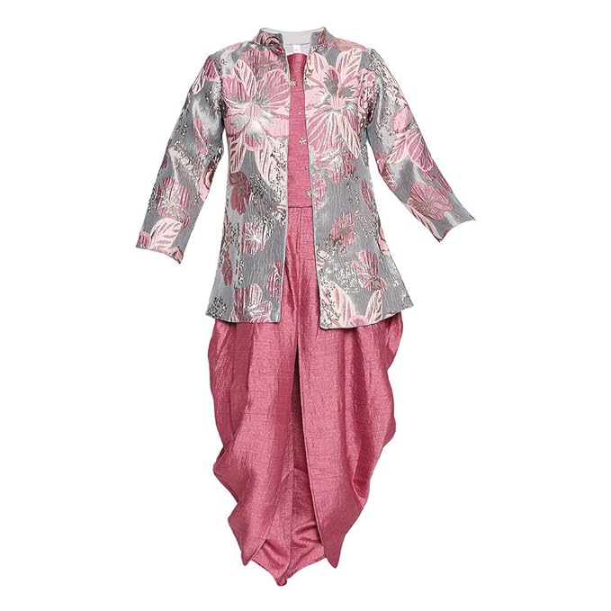 Betty By Hopscotch Girls Linen, Polyester Wine Floral Printed Kurta Dhoti Set in Purple Color