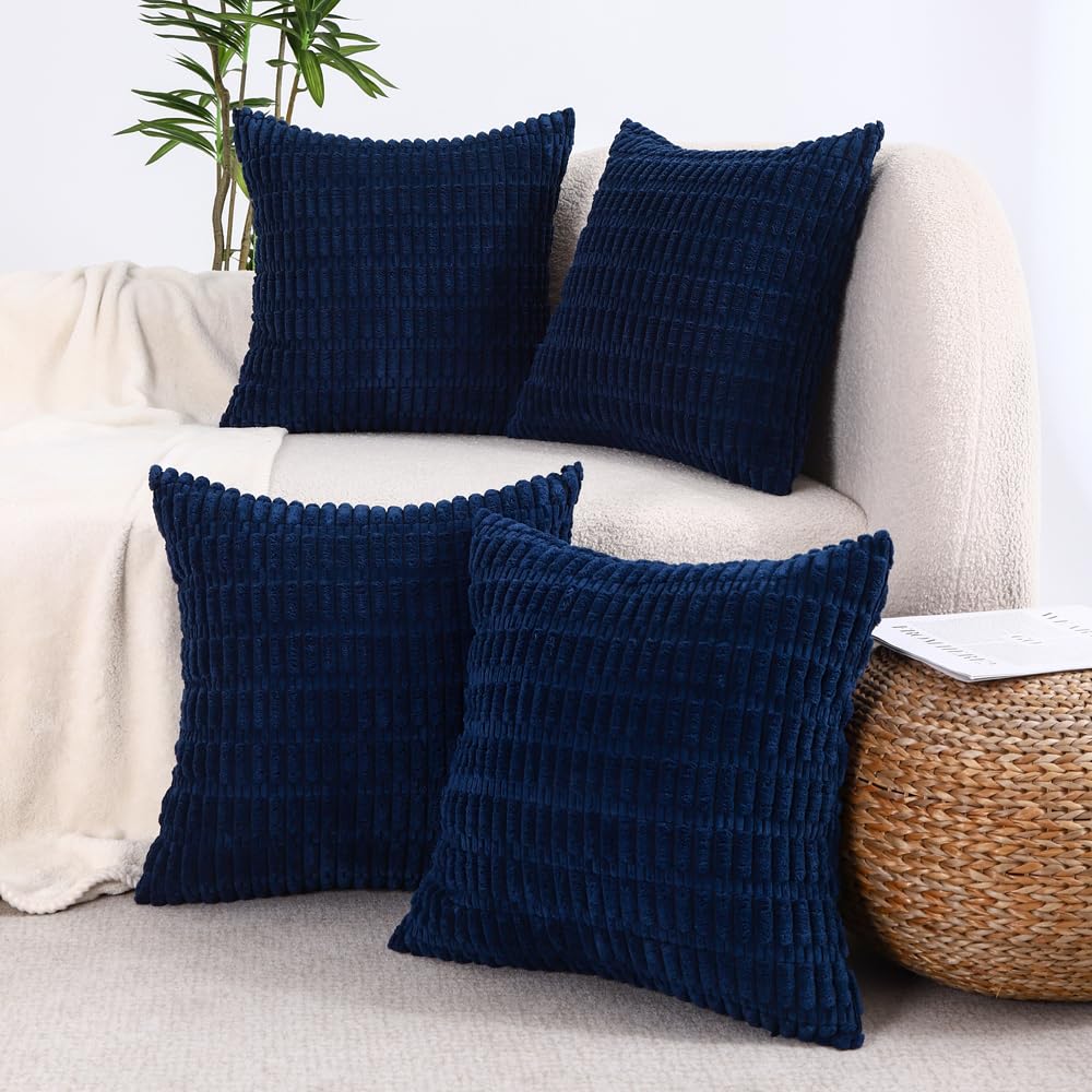 Photo 1 of All Smiles Decorative Dusty Blue Throw Pillow Covers 16x16 Set of 4 Farmhouse Rustic Boho Home Decor Soft Plush Striped Corduroy Square Cushion Case for Living Room Couch Bed Sofa