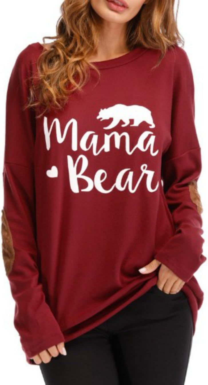 DOKER Women's Mama Bear Casual Solid T-Shirt Crew Neck Letter Print Tops Blouse
