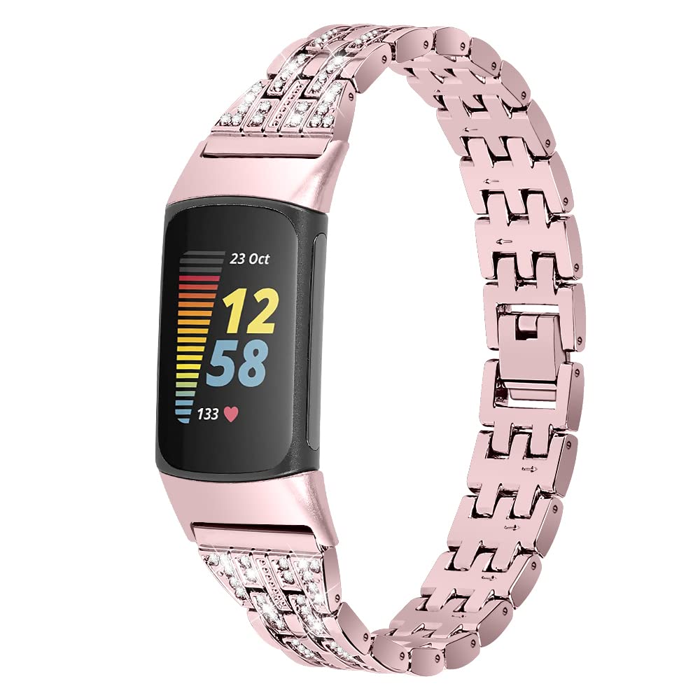 Gimuk Compatible with Fitbit Charge 5 Strap Stainless Steel Metal Bling Rhinestone Sport Replacement Wrist Strap Wristband Bracelet for Fitbit Charge 5 Silver Rose Gold Black (Rose Pink) — image 1