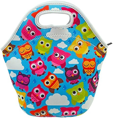 Neoprene Insulated Owl Lunch Bag Tote with Zipper, for Women, Girls, Kids, Large, Lunch Box for School, Work - By Wonkey Brothers (Owls &amp; Raindrops)