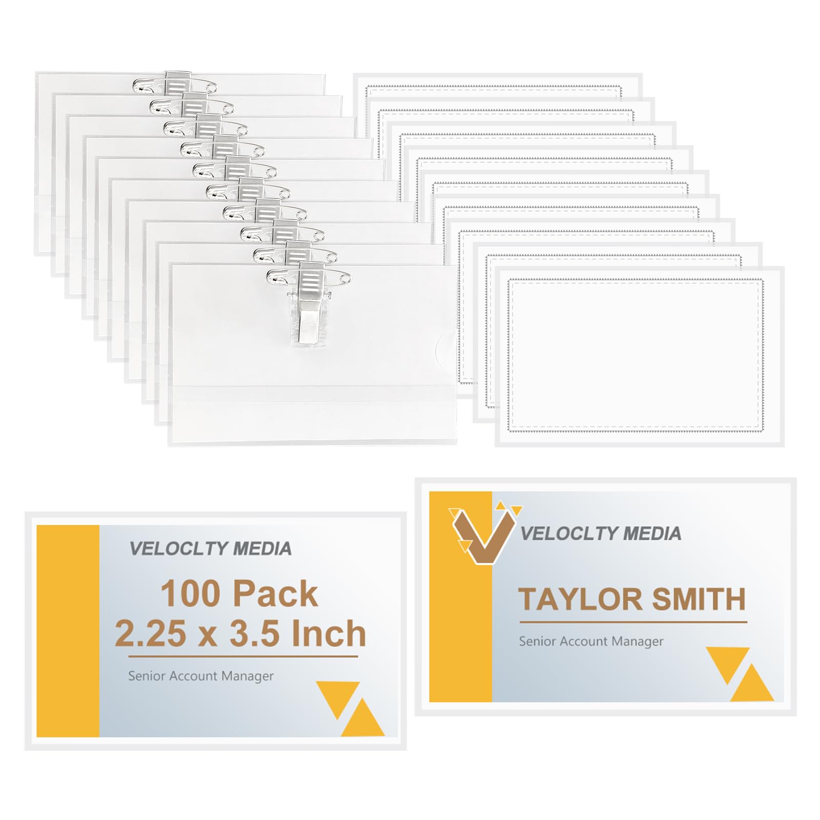 Fushing Pin Style Combi Clip Horizontal Name Badge Holders with Inserts Fit Card Size 3.38 x 2 Inch (100)