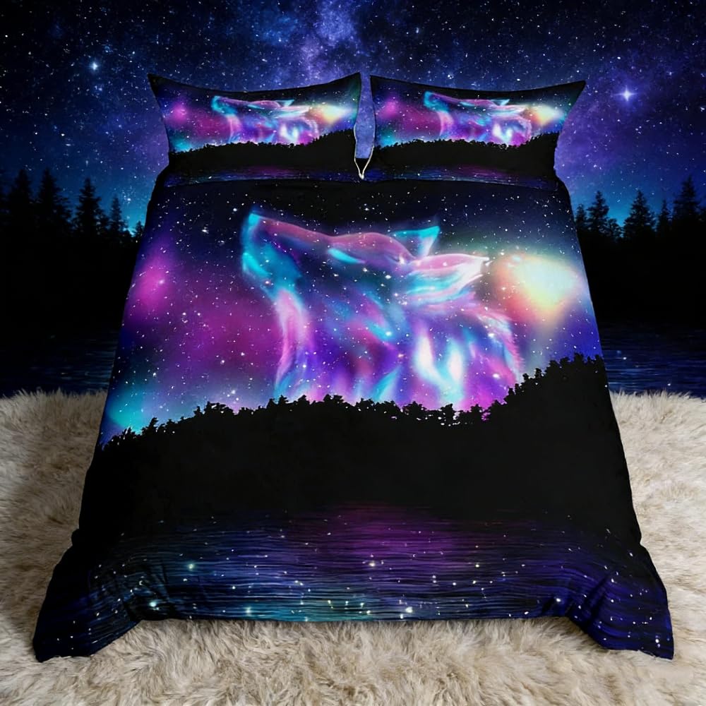 Northern Light Bedding Set Colorful Galaxy Wolf Duvet Cover For Kids Children Teens Starry Sky Aurora Comforter Cover Howling Wolf Wild Animal Bedspread Cover Bedroom Decor Quilt Cover 3Pcs Double — image 1