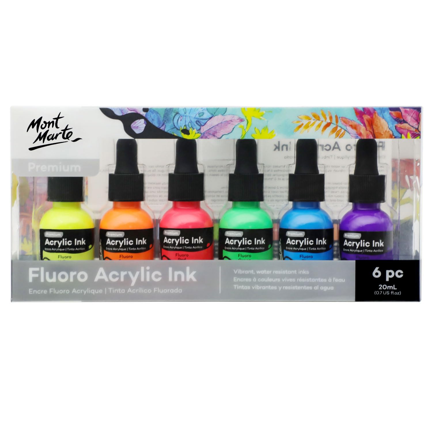 Mont Marte Acrylic Ink Premium 6pc x 20ml (0.7 US fl.oz), Acrylic Inks for Artists, Fluoro Colours, Ideal for Air Brush, Pouring Art, Scrapbooking, Ink Drawing, Mixed Media.