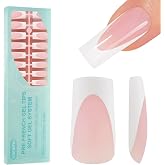 Vansiho Deep Pink White French Gel Fake Nails, Long Square Press on Nails | Salon Quality Value at Home, 150Pcs Long Square Soft Gel Nails False Nail for Nail Art DIY 15 Sizes