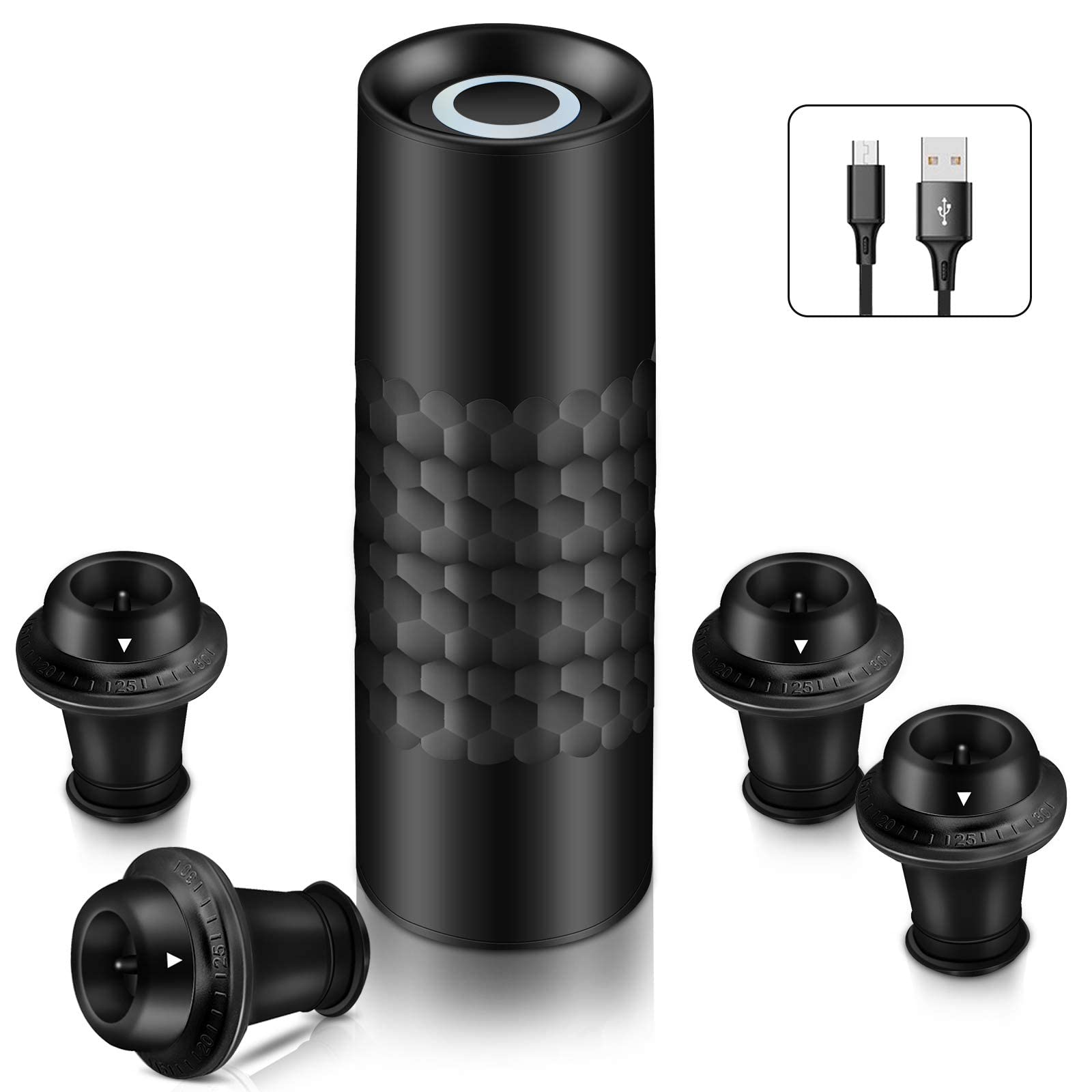 WIWONEY Electric Wine Pump Set, with 1 Wine Saver Pump and 4 Vacuum Wine Stoppers, Reusable Bottle Stopper, Type-C Charging, Black