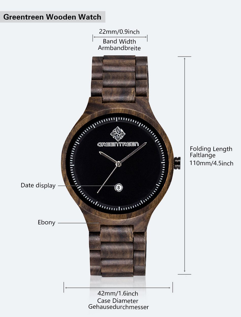 GREENTREEN Orologio da uomo in legno Analogico al quarzo, orologio da polso da uomo, dal basso peso fatto a mano in legno con data