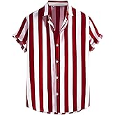Falainetee Men's Short Sleeve Button Down Striped Print Shirts Cotton Summer Hawaiian Top