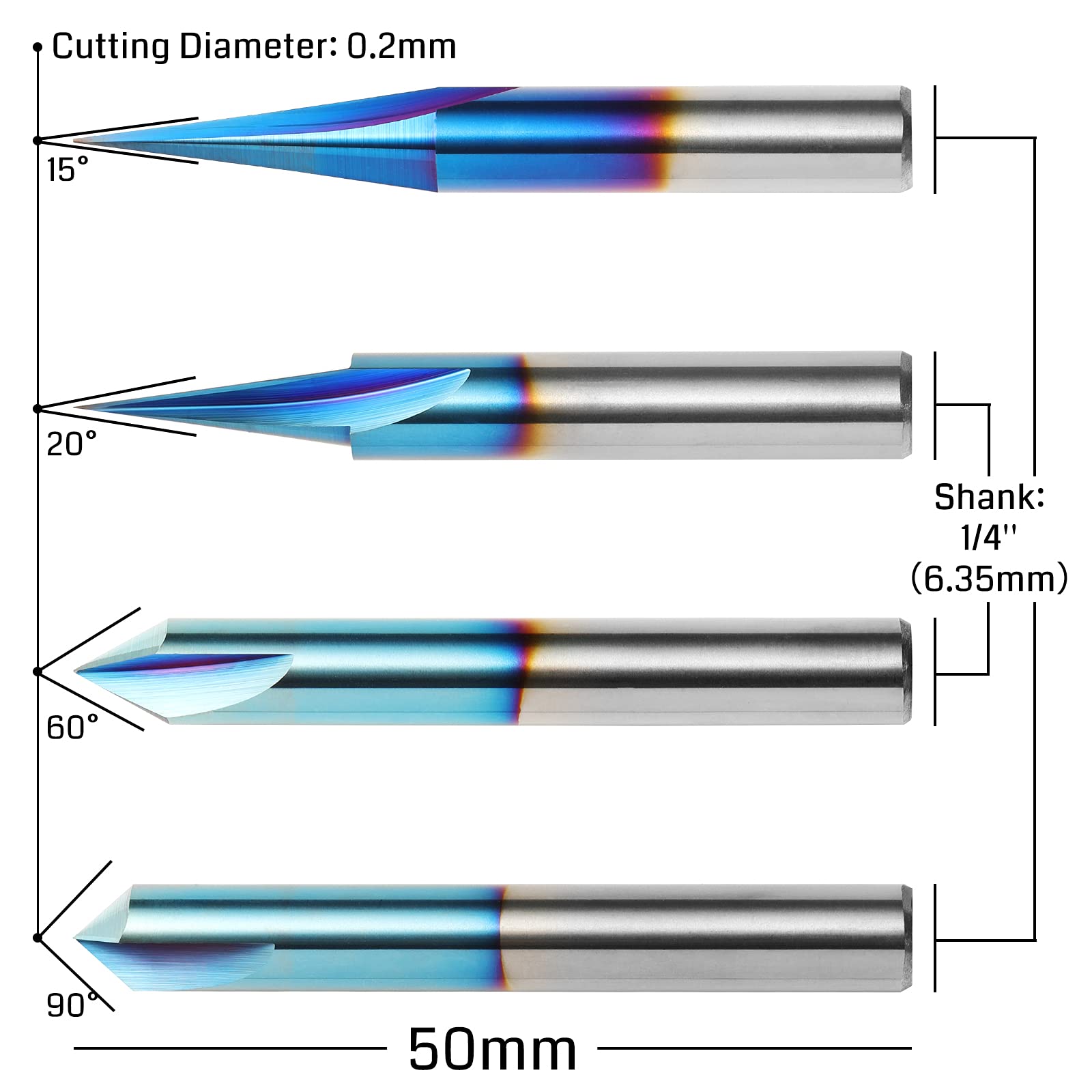CNC Wood Carving Router Bits Set, 1/4'' Shank, 4 PCS, 15° Detail Carving Liner+ 20° Profile bit+ 60° & 90° V Groove, WC04A