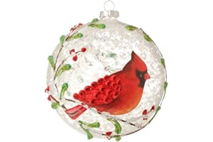 SAFE2M RAZ Import Red Cardinal & Berry Branches Glass Ball Christmas Tree Ornament, 5 Inches