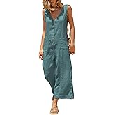 Yeokou Women Button Down Jumpsuits Cotton Linen Sleeveless Casual Wide Legs Rompers Loose Overall with Pockets