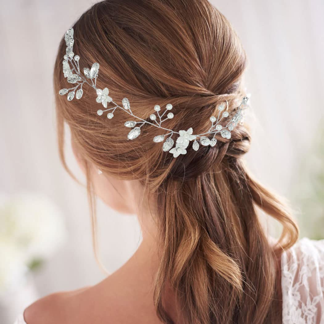 IYOU Bridal Wedding Hair Vine Silver Rhinestone Flower Headband Pearl Leaf Headpiece Prom Bride Hair Accessories for Women