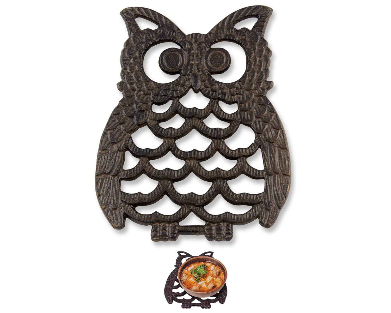Cast Iron Owl Trivet - Decorative Trivet For Kitchen Counter or Dining Table Vintage, Rustic, Artisan Design - 20x15.3 cm - With Rubber Pegs/Feet - Recycled Metal