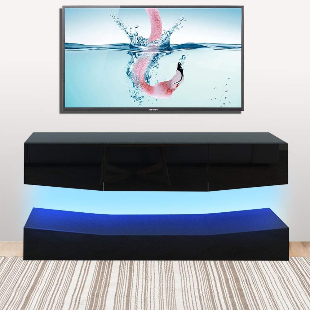 Newzeroin Modern LED TV Console, Wood TV Stand Cabinet with RGB LED Lights & 3 Storage Drawers Wall Mounted Upper and Lower Layer Entertainment Center Living Room Bedroom Furniture