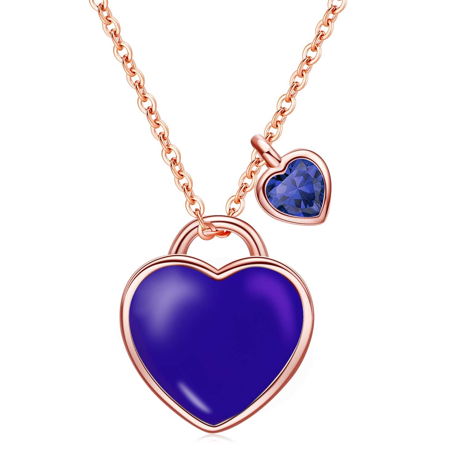 Qings September Birthstone Sapphire Necklace - Sterling Silver Dainty Love You Forever Rose Gold Double Heart Pendant Blue Heart-shaped Cubic Zirconia Adjustable Chain Jewelry Gifts for Girls Wife