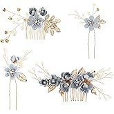 NUOBESTY 4Pcs Blue Wedding Hair Accessories for Brides, Bridal Hair Comb & Pins Set, Floral Pearl Headpiece, Rhinestone Side Clip Pieces for Women Bridesmaid Prom