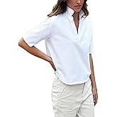 Korebow Womens Short Sleeve Shirts Lapel V Neck Pullover Tops Solid Color/Striped Dressy Casual Blouses(0385-White-L)