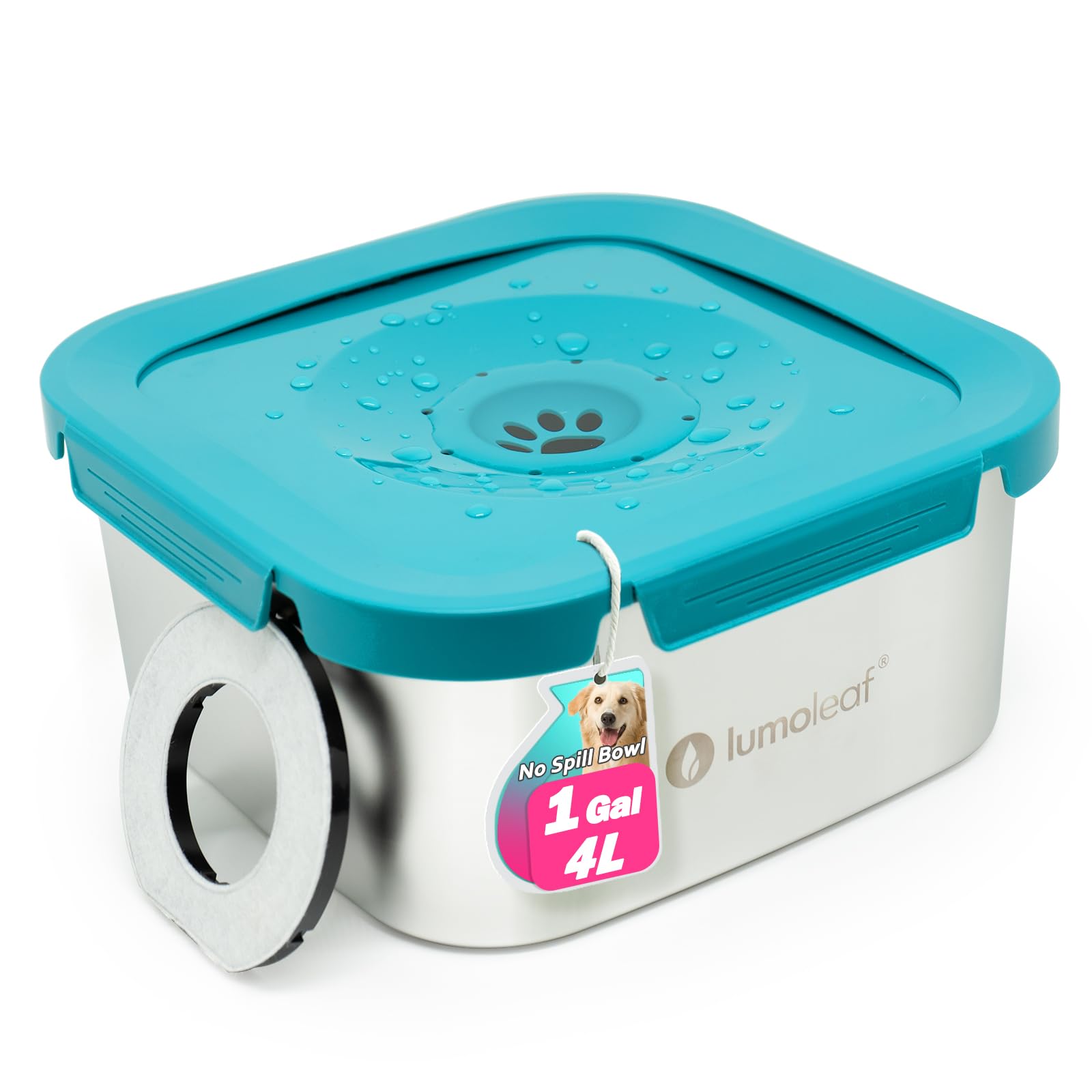 LumoLeaf No Spill Water Bowl for Large Dogs with Filter, 135oz/4L, Blue, Slow Feeder for Messy Drinkers, Drip-Free & Splash-Proof, for Multi-Dog Households