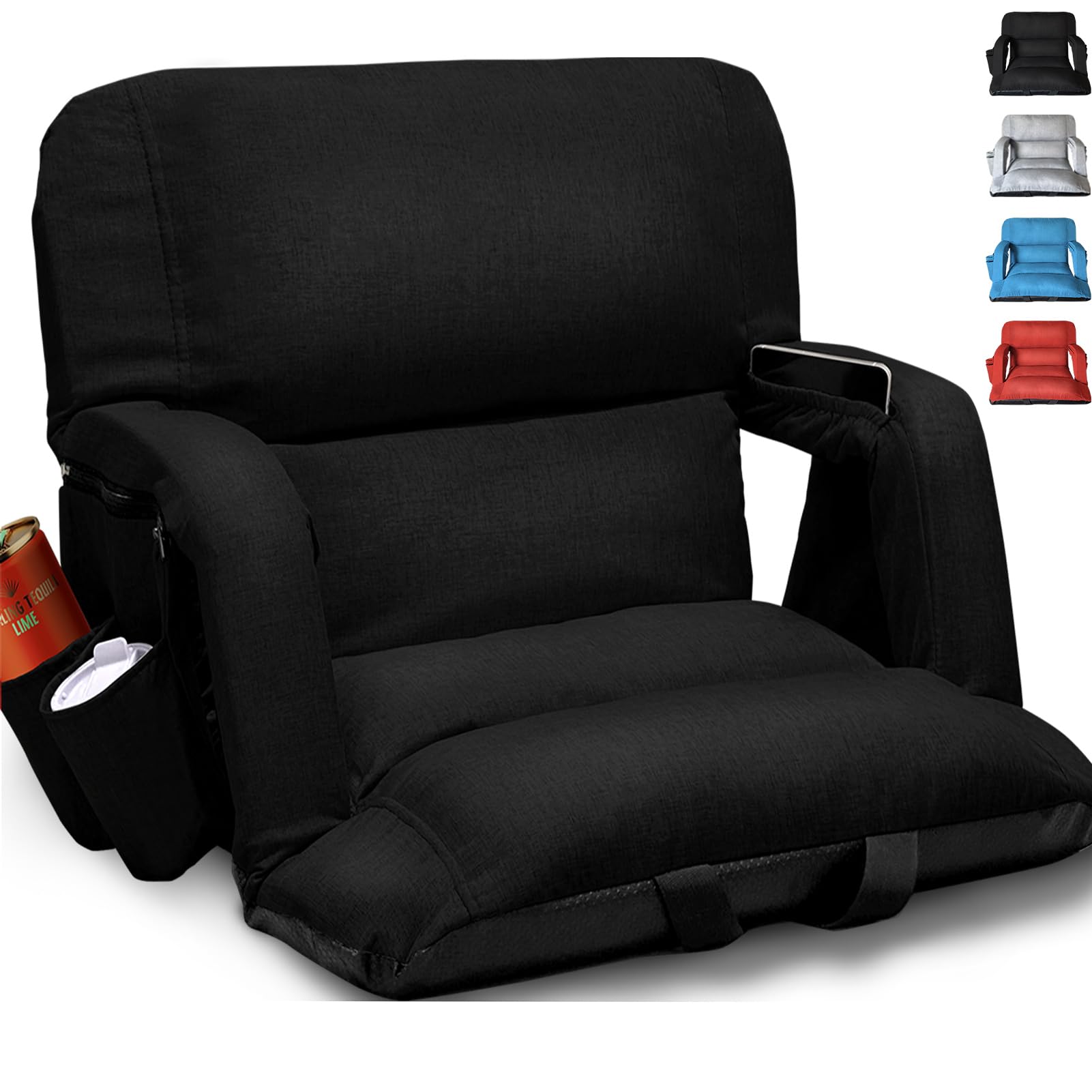 Photo 1 of yeyeeyyee Wide Stadium Seats with Back Support, Exclusive Sofa Style Design Extra Thick Bleacher Chairs with Back and Cushion, 6 Reclining Positions - Ultimate Comfort for Sports Events (Black, 25")