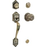 SCHLAGE Front Door Entry Handleset, Georgian Knob, Antique Brass | Front door handleset with deadbolt &amp; interior knob, Easy install, Universal fit, Certified security &amp; durability, 2 keys