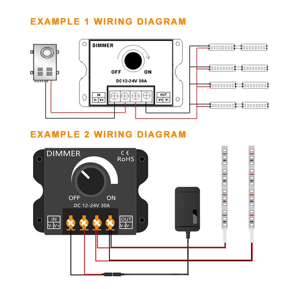 BeaBuy Upgraded LED Strip PWM Dimmer DC 12V-24V 30A Dimming Controller Adjust Brightness Switch + 5M 22AWG Extension Cable + DC Power 12V Male Female Connector for 2835 3528 5050 5630 Single Color: Industrial & Scientific