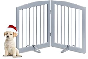 PUPETPO Freestanding Pet Gate for Dogs, Foldable Wooden Dog Gate for House, Indoor Dog Gate for Stairs, Doorways, Step Over Pet Puppy Safety Fence, Support Feet Included, 24" Height 2 Panels, Grey