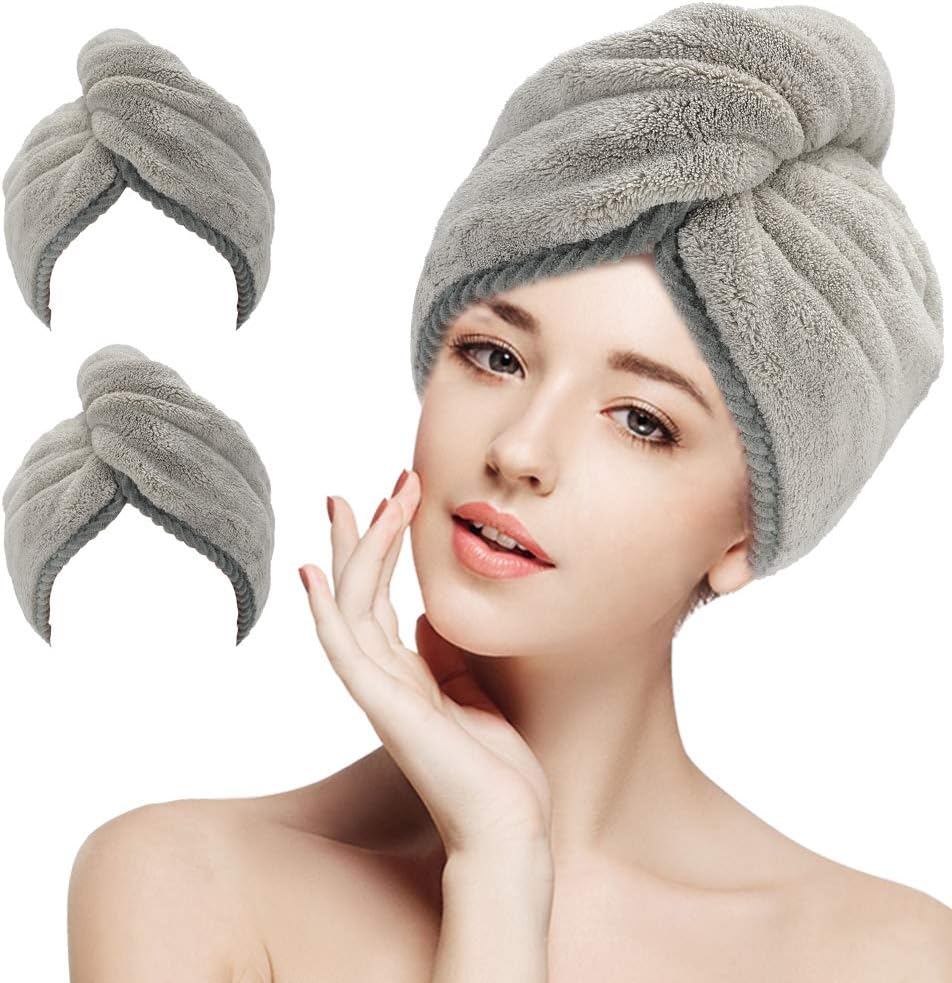 LEARJA 2 Pack Hair Towel Wrap Turban Microfiber Drying Bath Shower Head Towel with Buttons, Quick Dry Super Absorbent for Long & Curly Hair(Gray